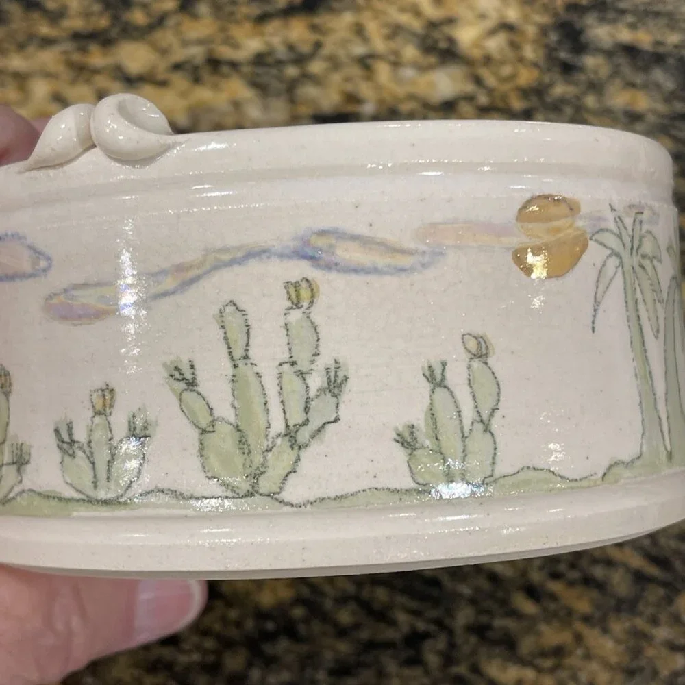 Vtg Handcrafted Lynn Gray Signed‎ Art Pottery Desert Cactus Bowl Rim Pinch Deco